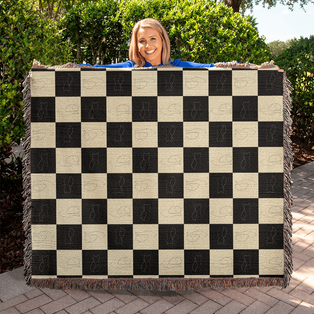 Checked Feline Woven Blanket – Gold & Black Cat Outline Throw