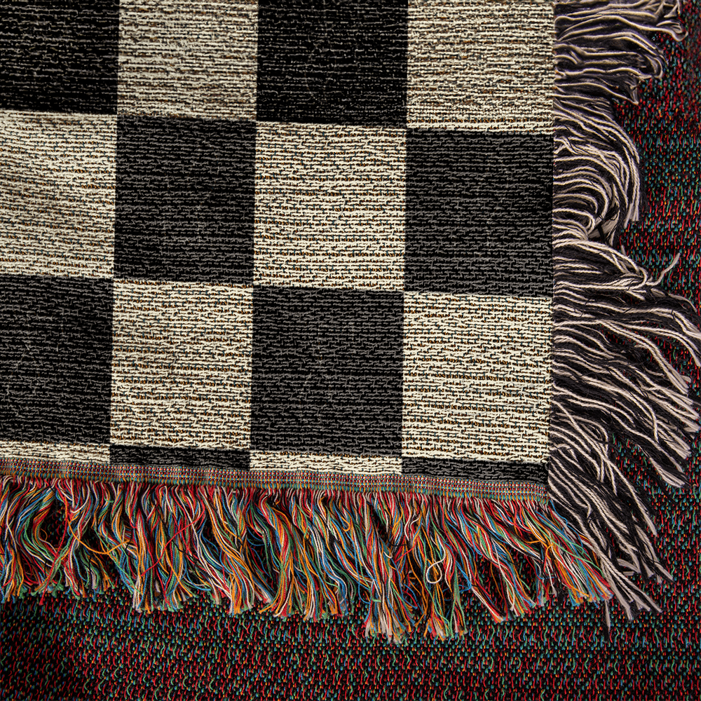 Checked Feline Woven Blanket – Gold & Black Cat Outline Throw