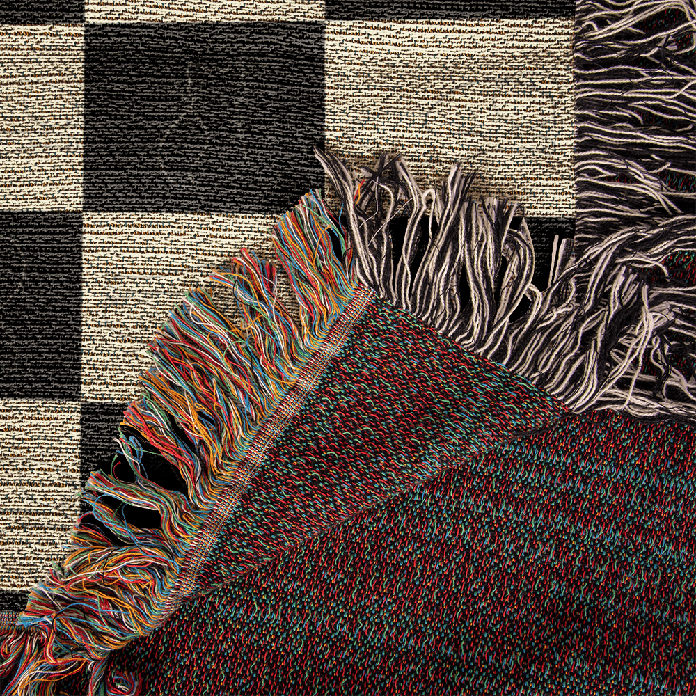 Checked Feline Woven Blanket – Gold & Black Cat Outline Throw