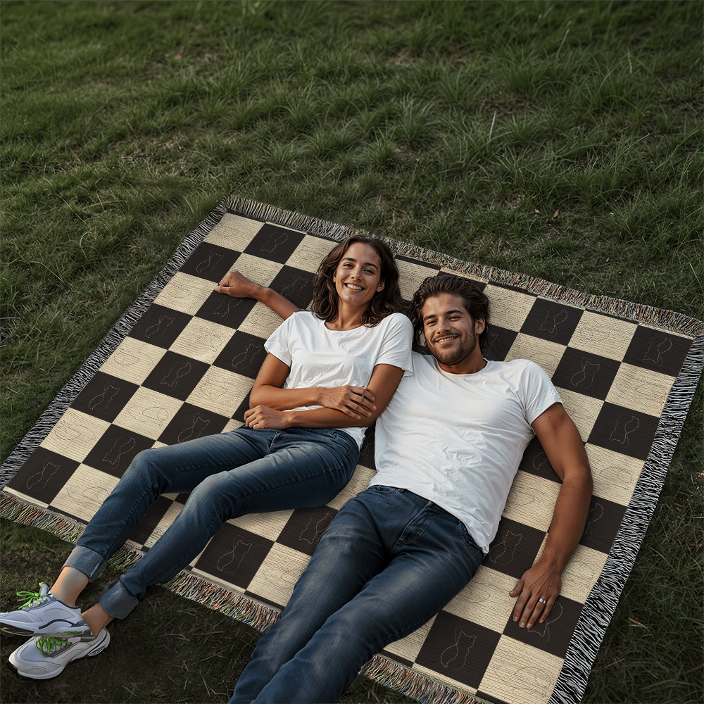 Checked Feline Woven Blanket – Gold & Black Cat Outline Throw