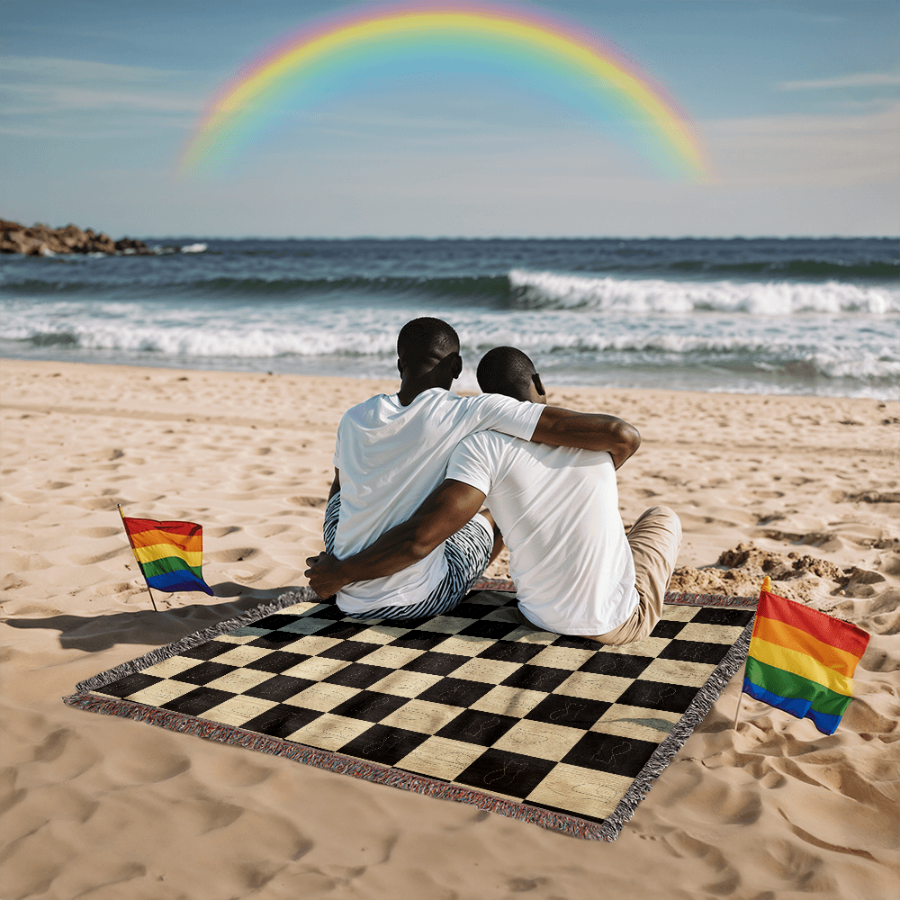 Checked Feline Woven Blanket – Gold & Black Cat Outline Throw