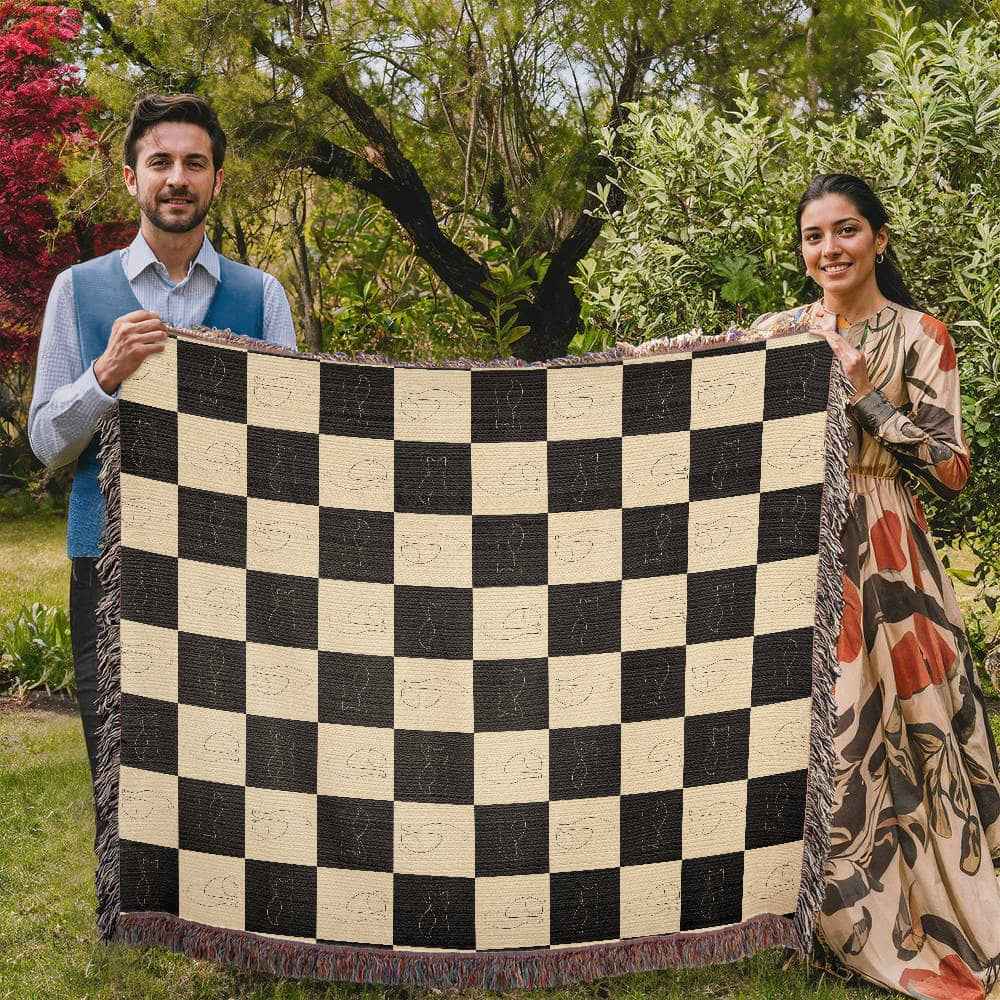 Checked Feline Woven Blanket – Gold & Black Cat Outline Throw