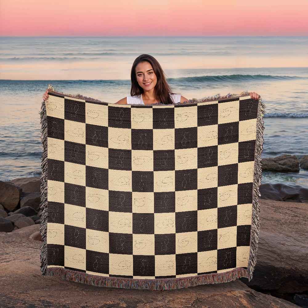 Checked Feline Woven Blanket – Gold & Black Cat Outline Throw