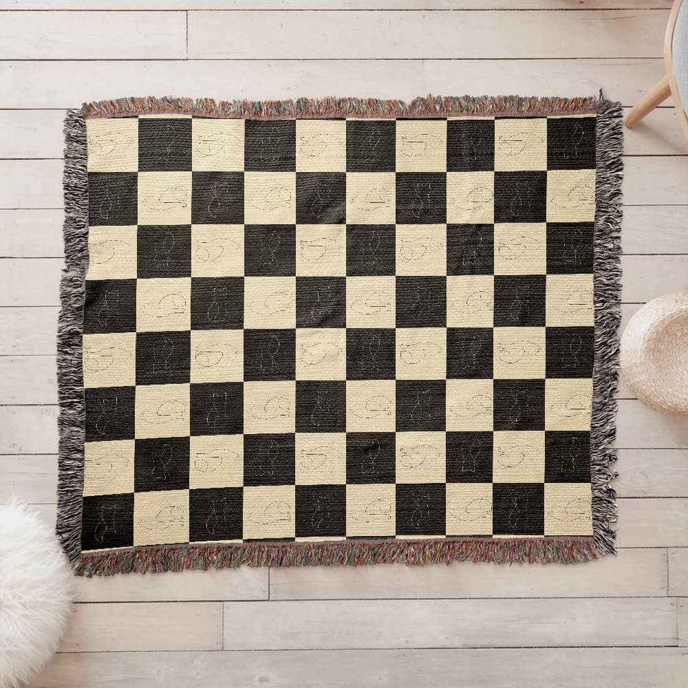Checked Feline Woven Blanket – Gold & Black Cat Outline Throw
