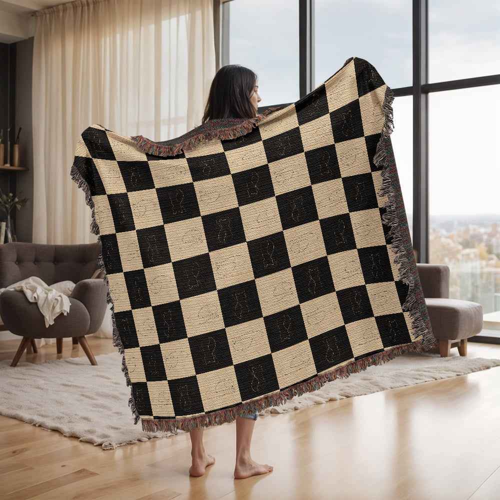 Checked Feline Woven Blanket – Gold & Black Cat Outline Throw