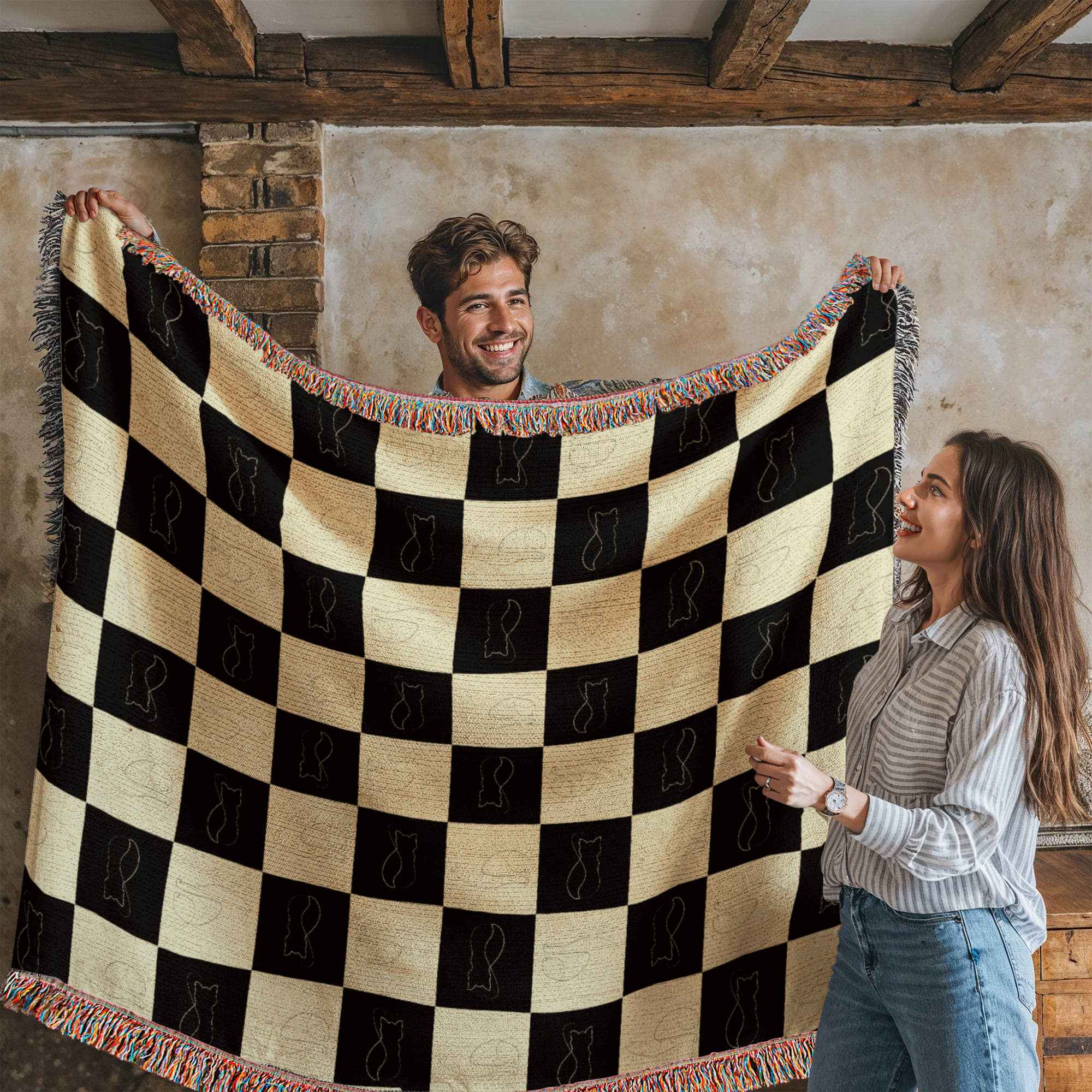 Checked Feline Woven Blanket – Gold & Black Cat Outline Throw