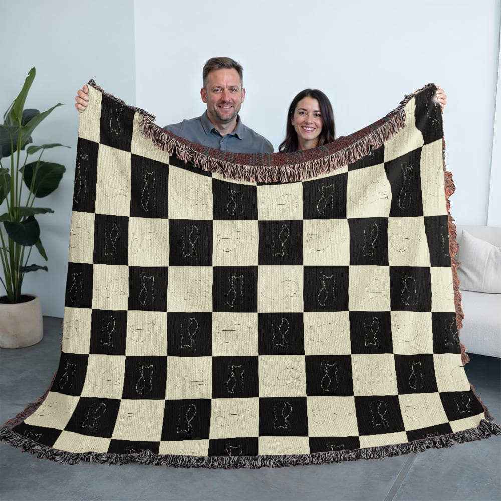 Checked Feline Woven Blanket – Gold & Black Cat Outline Throw