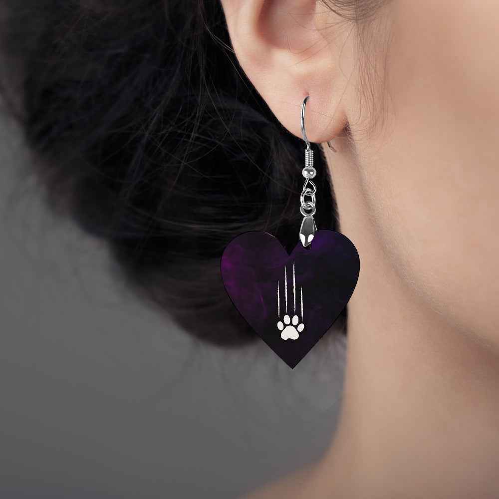 Heart-Shaped Cat Scratch Earrings – Purple Black Cat Lover Wood Dangles