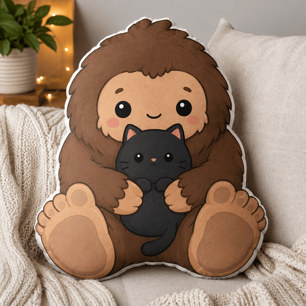 Baby Bigfoot & Black Cat Shaped Pillow | Woodland Sasquatch Cat Decor - Decor, Pillows, Shaped - EpiAl's Shop