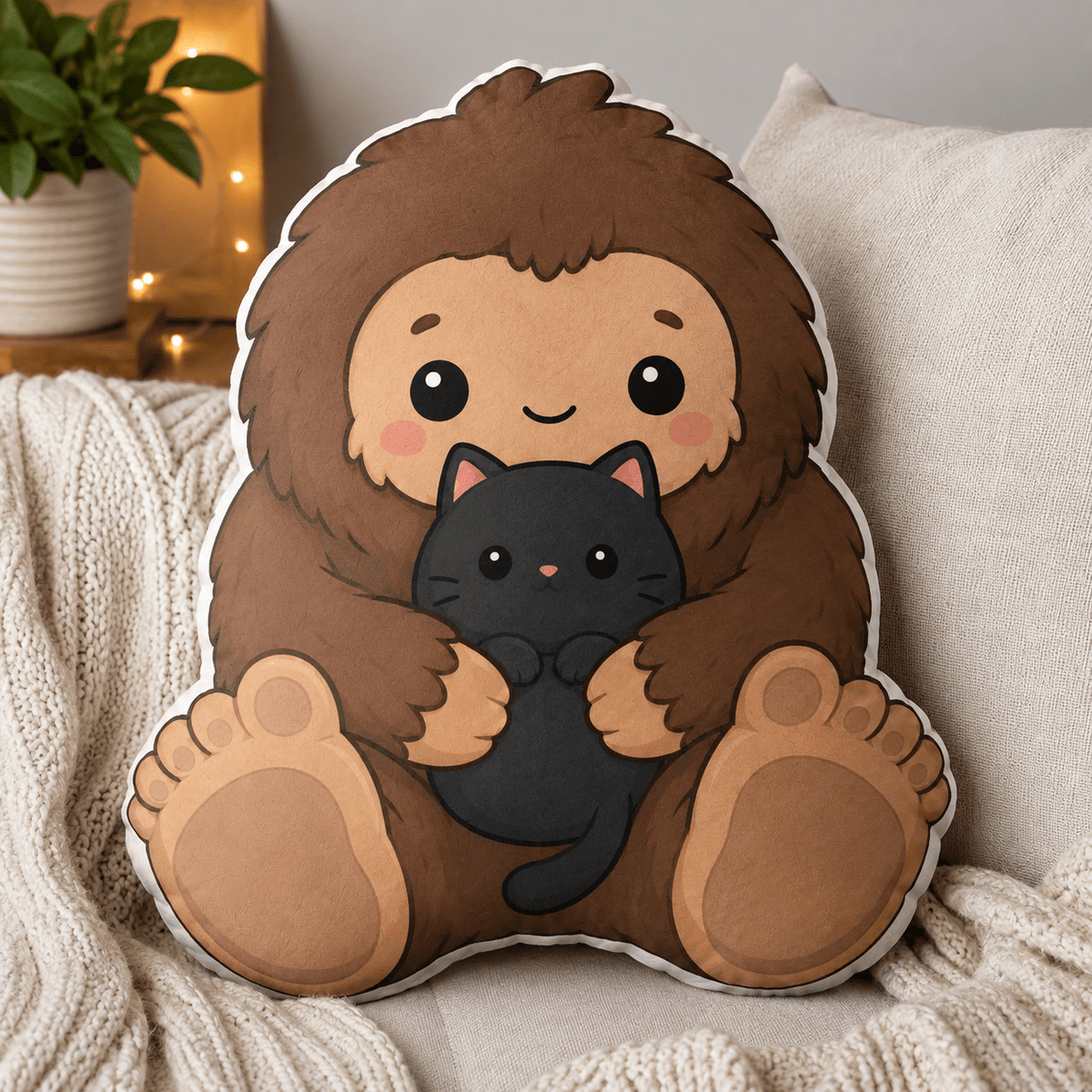 Baby Bigfoot & Black Cat Shaped Pillow | Woodland Sasquatch Cat Decor - Decor, Pillows, Shaped - EpiAl's Shop