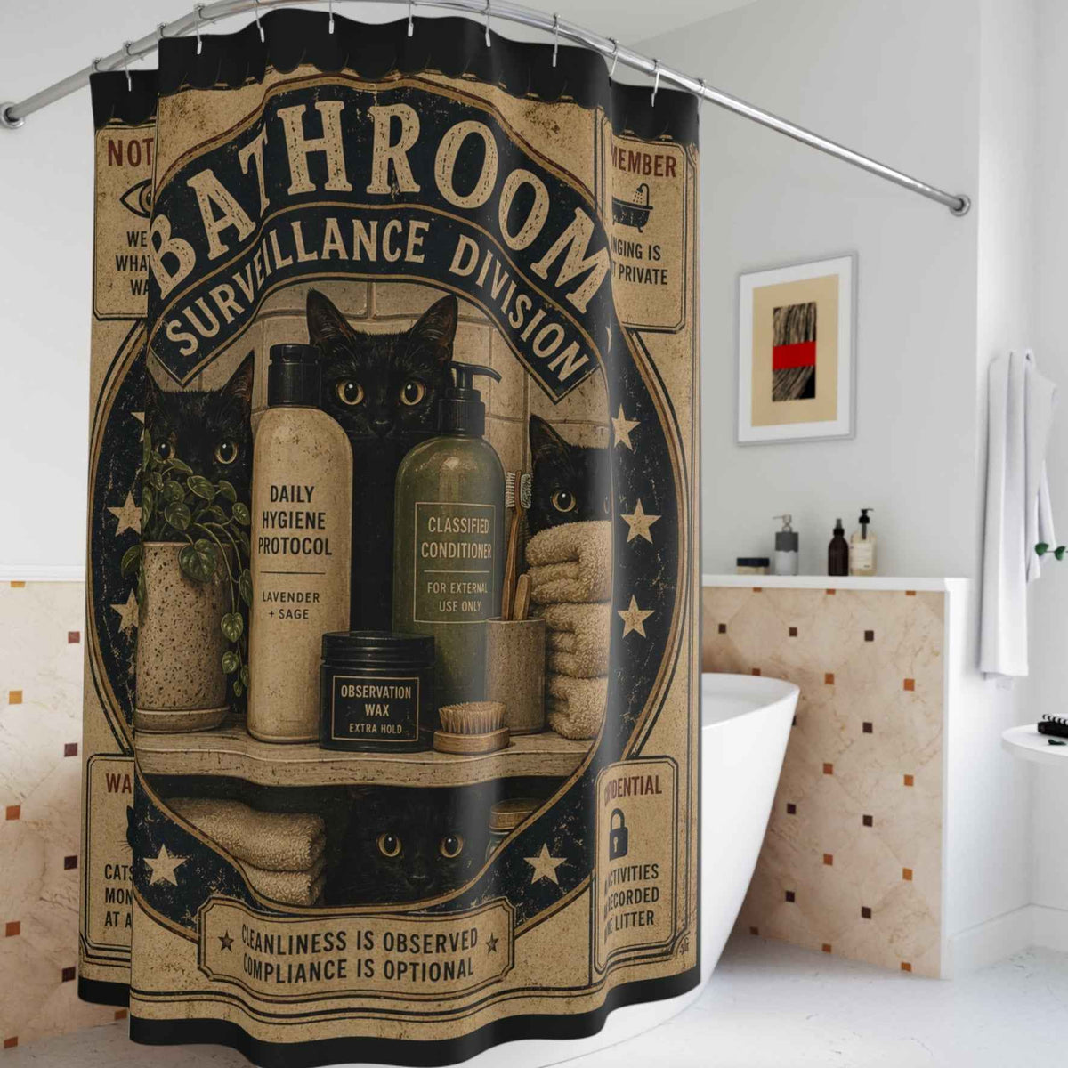 Bathroom Surveillance Division Shower Curtain | Funny Black Cat Bathroom Decor - Decor, Curtains, Shower - EpiAl's Shop