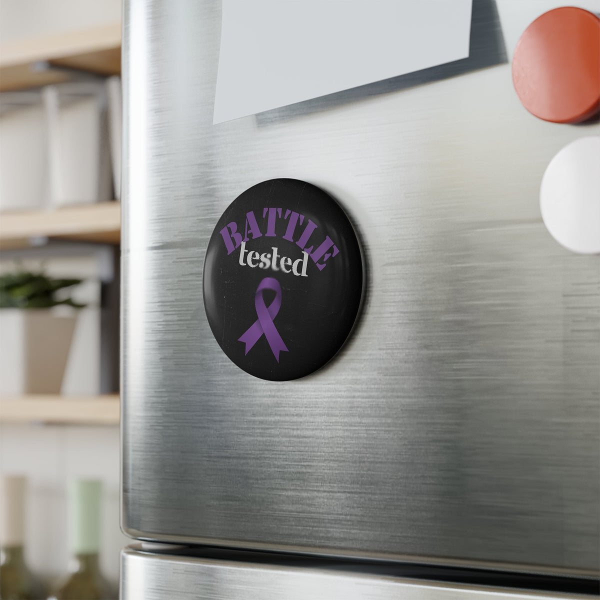 “Battle Tested” Purple Ribbon Awareness Magnet – 2.25” Round Button Magnet - Magnets, Indoor & Outdoor - EpiAl's Shop