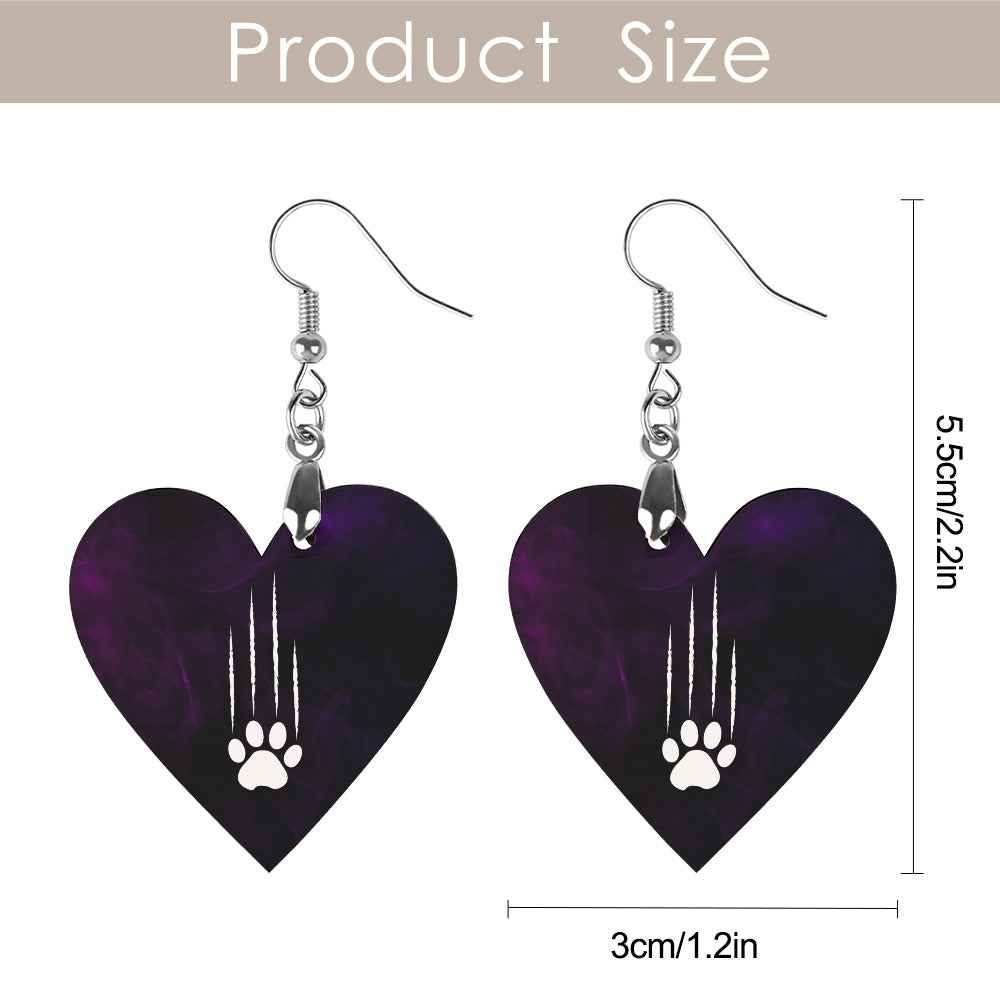 Heart-Shaped Cat Scratch Earrings – Purple Black Cat Lover Wood Dangles