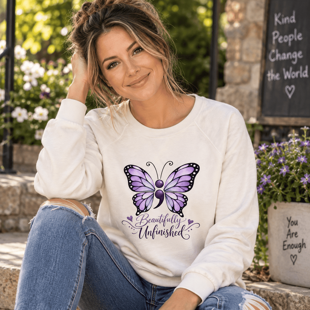 Beautifully Unfinished Suicide Awareness Women’s Lightweight Crewneck Sweatshirt - Clothing, Women, Sweatshirts - EpiAl's Shop