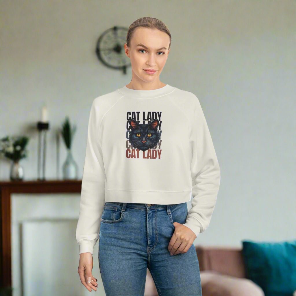 Black Cat Lady Cropped Fleece Pullover, Cozy Cat Lover Sweatshirt - Clothing, Sweatshirts, Crop - EpiAl's Shop