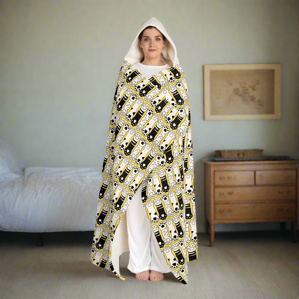 Black White Cat Paws Cozy Hooded Sherpa Fleece Blanket - Decor, Blankets & Comforters - EpiAl's Shop