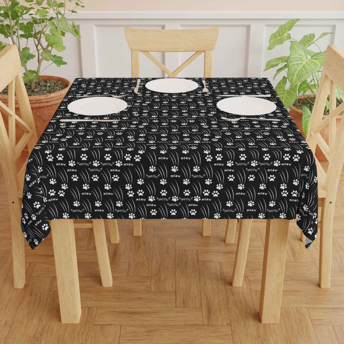 “Black & White Meow Trails” Square Tablecloth - Decor, Home, Tablecloths & Runners - EpiAl's Shop