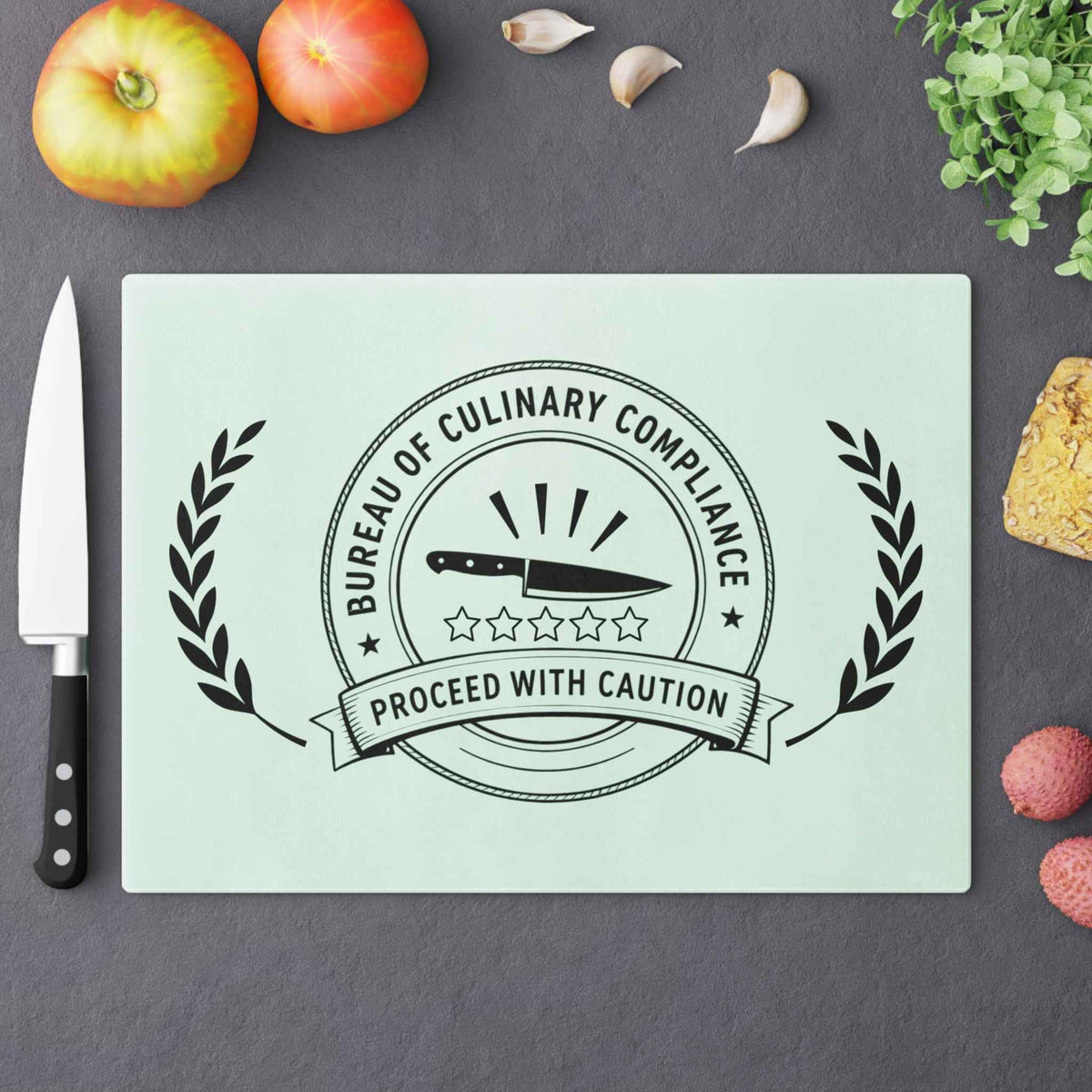 Bureau of Culinary Compliance Cutting Board – “Proceed With Caution” Glass Board - Boards & Trays, Cutting - EpiAl's Shop