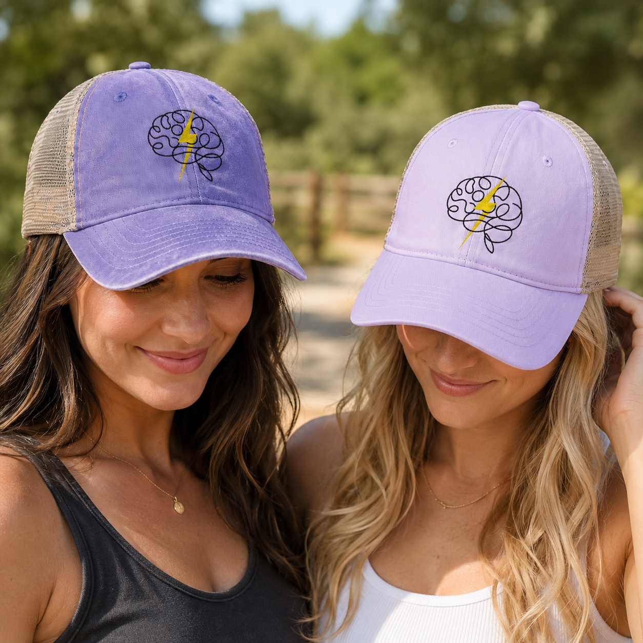 Epilepsy Awareness Washed Mesh Ponytail Cap | Purple Brain Lightning Hat