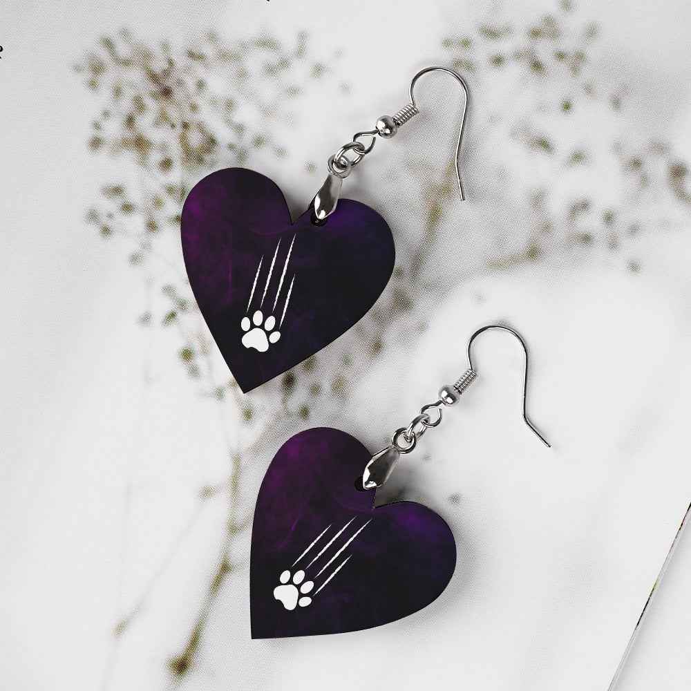 Heart-Shaped Cat Scratch Earrings – Purple Black Cat Lover Wood Dangles