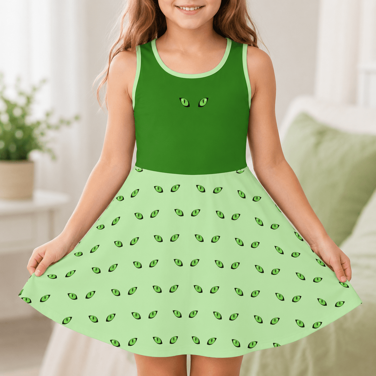 Cat Eyes Twirl Dress for Girls – Whimsical Sleeveless A-Line Summer Dress - Clothing, Youth, Girls, Dress - EpiAl's Shop