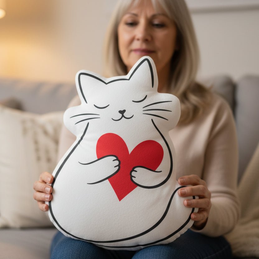 Cat Holding Heart Pillow — Soft Love, Slightly Judged - Decor, Pillows, Shaped - EpiAl's Shop