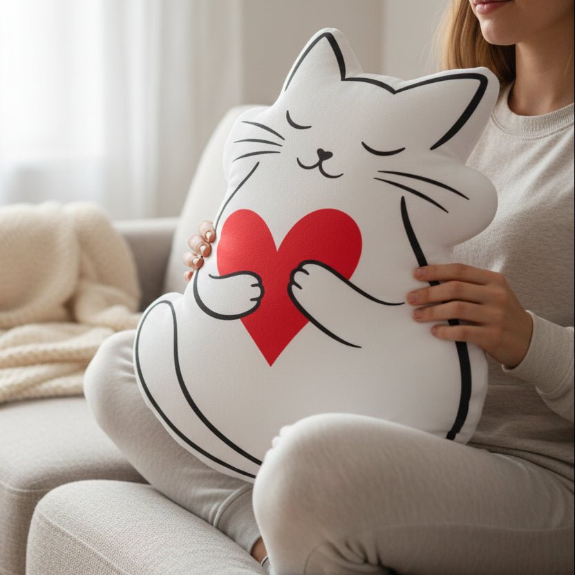 Cat Holding Heart Pillow — Soft Love, Slightly Judged - Decor, Pillows, Shaped - EpiAl's Shop