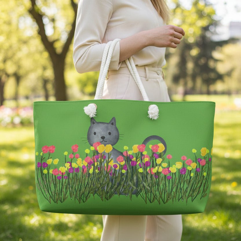 Cat in the Wildflowers Weekender Bag – Whimsical Floral Travel Tote - Bags, Weekender - EpiAl's Shop