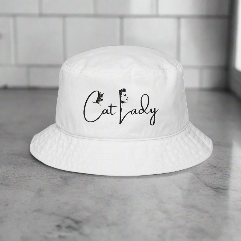 Cat Lady Bucket Hat - Embroidered White Sun Hat for Cat Lovers - Hats, Baseball & Trucker - EpiAl's Shop