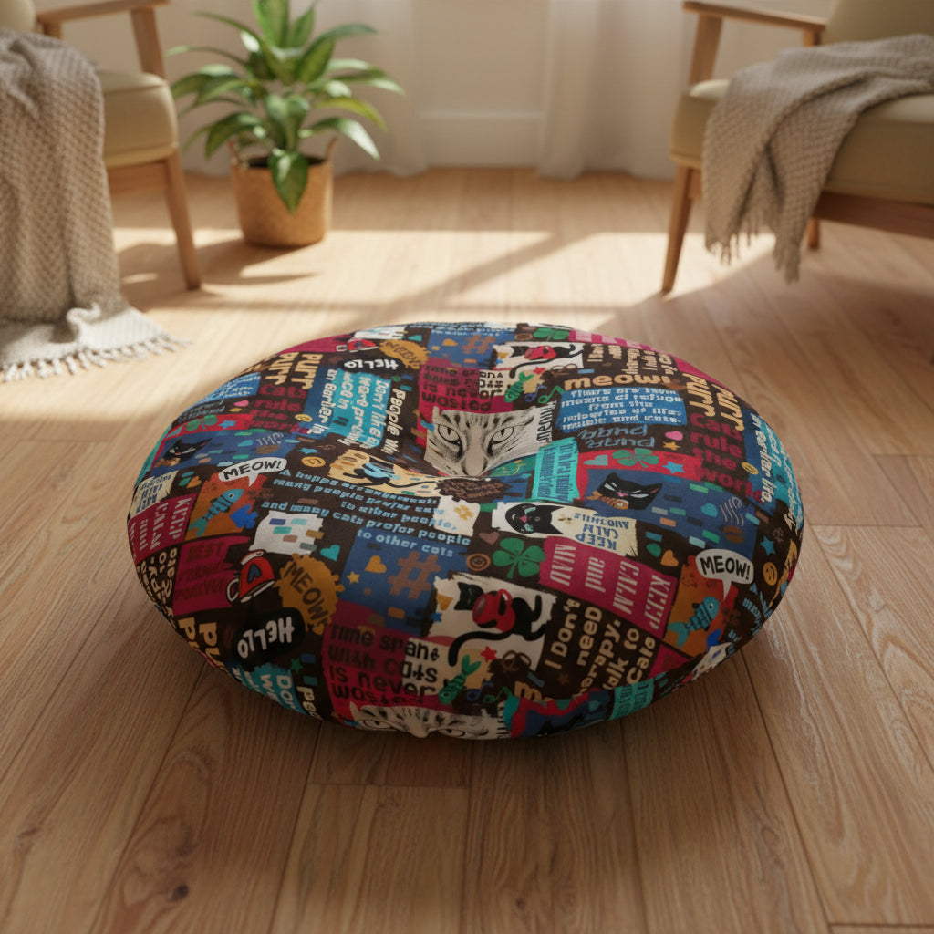 Cat Lover Tufted Floor Pillow - Round Decorative Cushion with Fun Cat Quotes - Decor, Home, Pillows - EpiAl's Shop