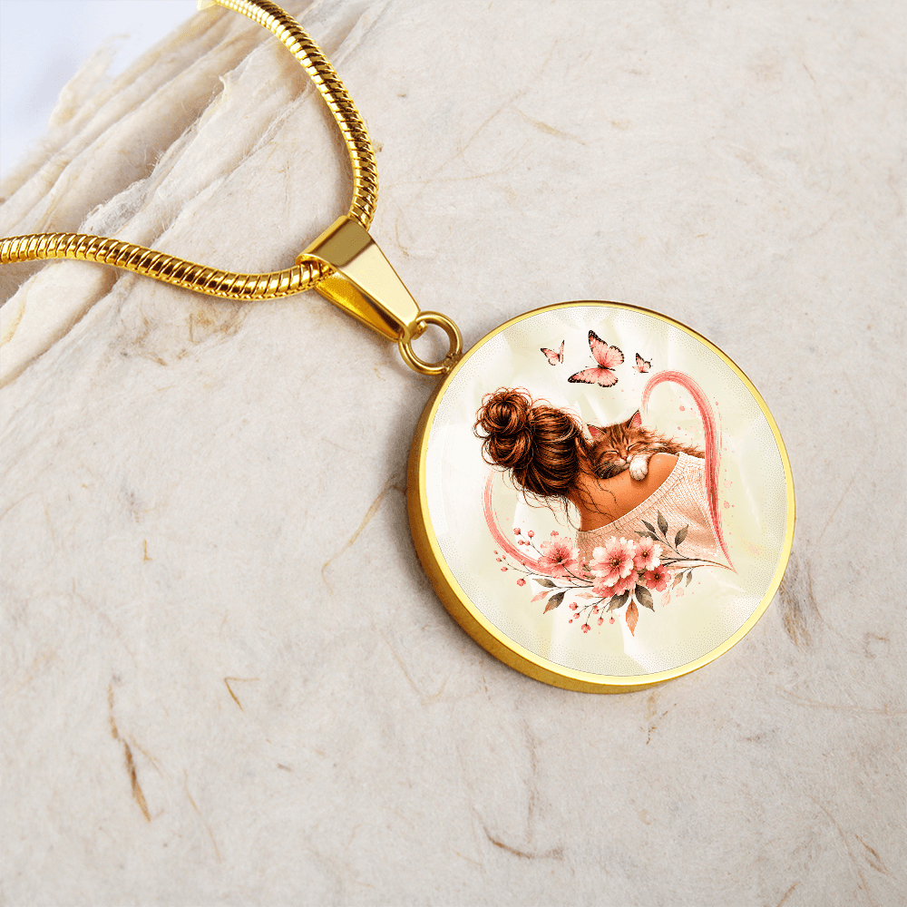 Cat Mom Heart Pendant Necklace | Cozy Floral Soft Pink Circle Pendant - Jewelry, Necklaces - EpiAl's Shop