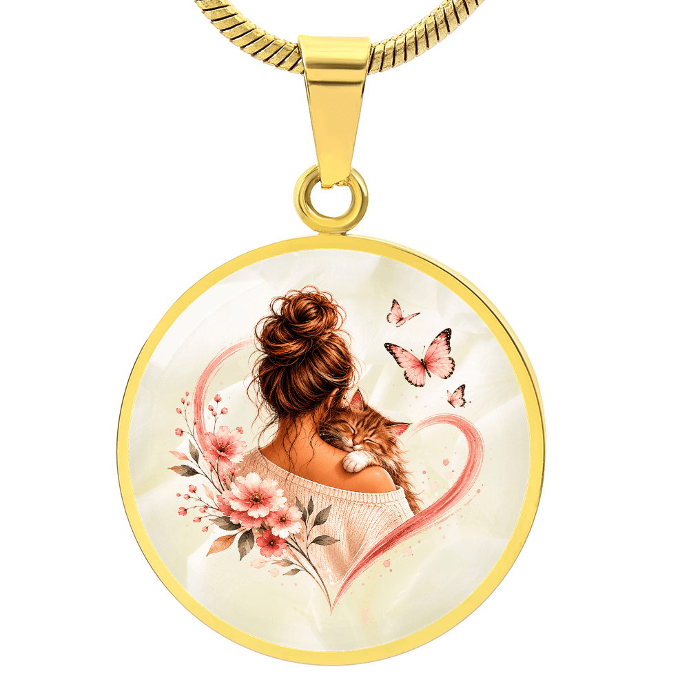 Cat Mom Heart Pendant Necklace | Cozy Floral Soft Pink Circle Pendant - Jewelry, Necklaces - EpiAl's Shop