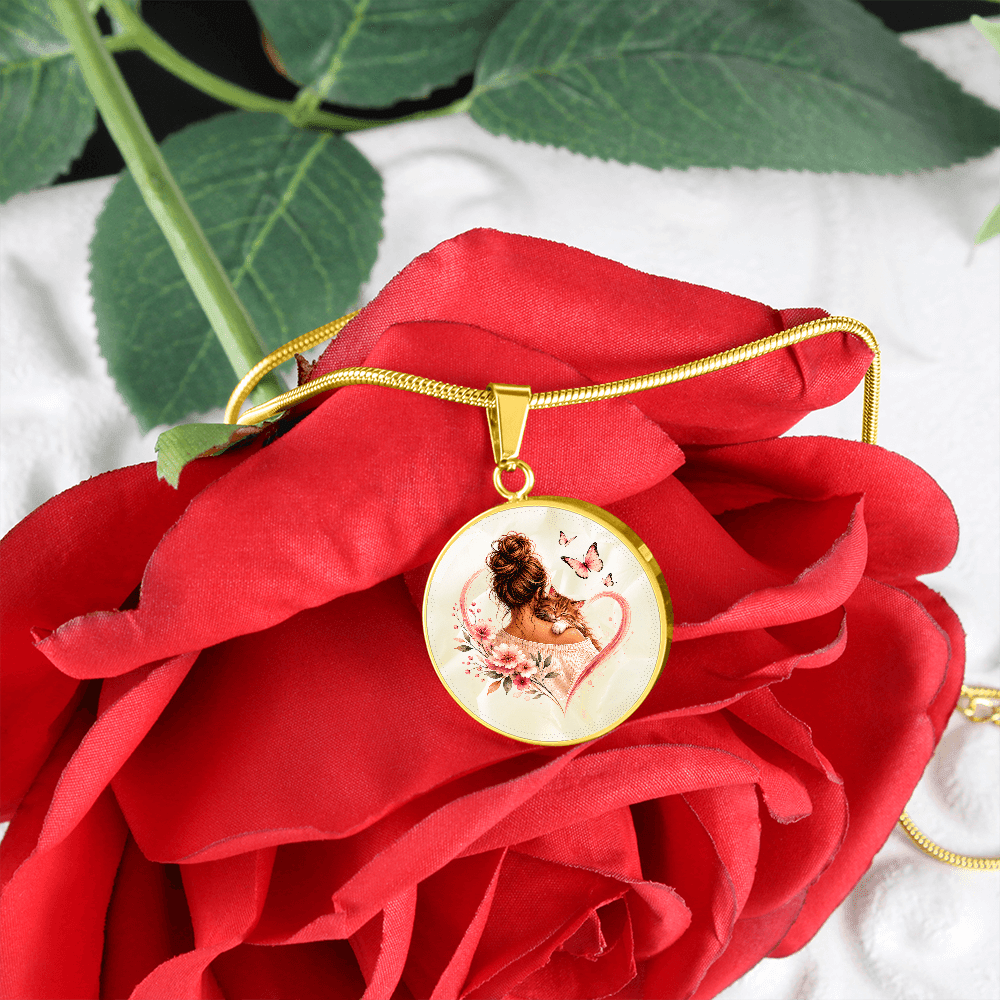 Cat Mom Heart Pendant Necklace | Cozy Floral Soft Pink Circle Pendant - Jewelry, Necklaces - EpiAl's Shop