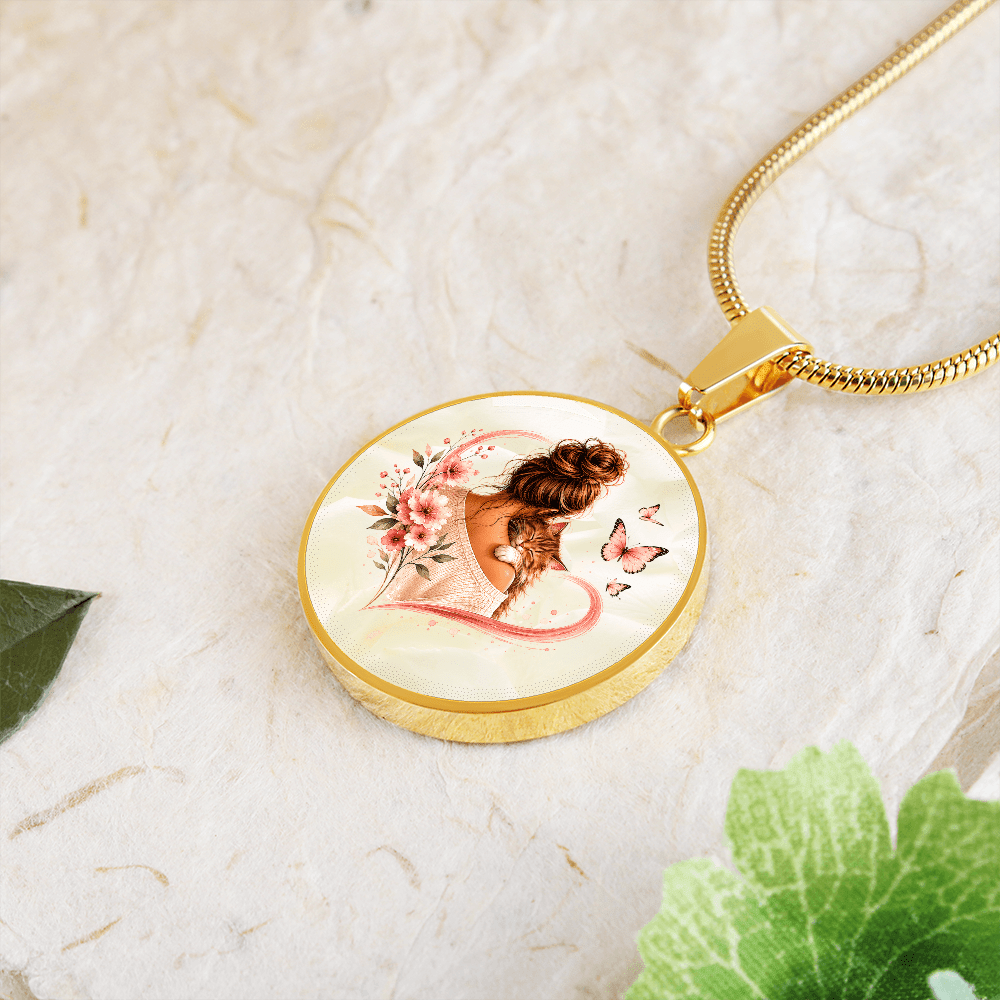 Cat Mom Heart Pendant Necklace | Cozy Floral Soft Pink Circle Pendant - Jewelry, Necklaces - EpiAl's Shop