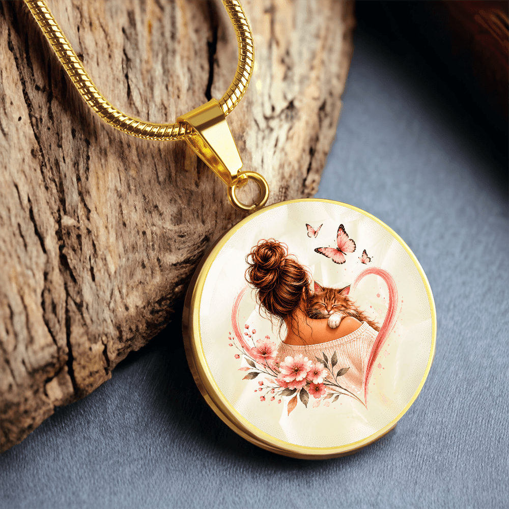 Cat Mom Heart Pendant Necklace | Cozy Floral Soft Pink Circle Pendant - Jewelry, Necklaces - EpiAl's Shop