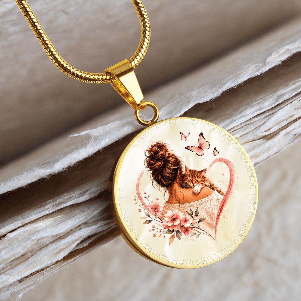 Cat Mom Heart Pendant Necklace | Cozy Floral Soft Pink Circle Pendant - Jewelry, Necklaces - EpiAl's Shop