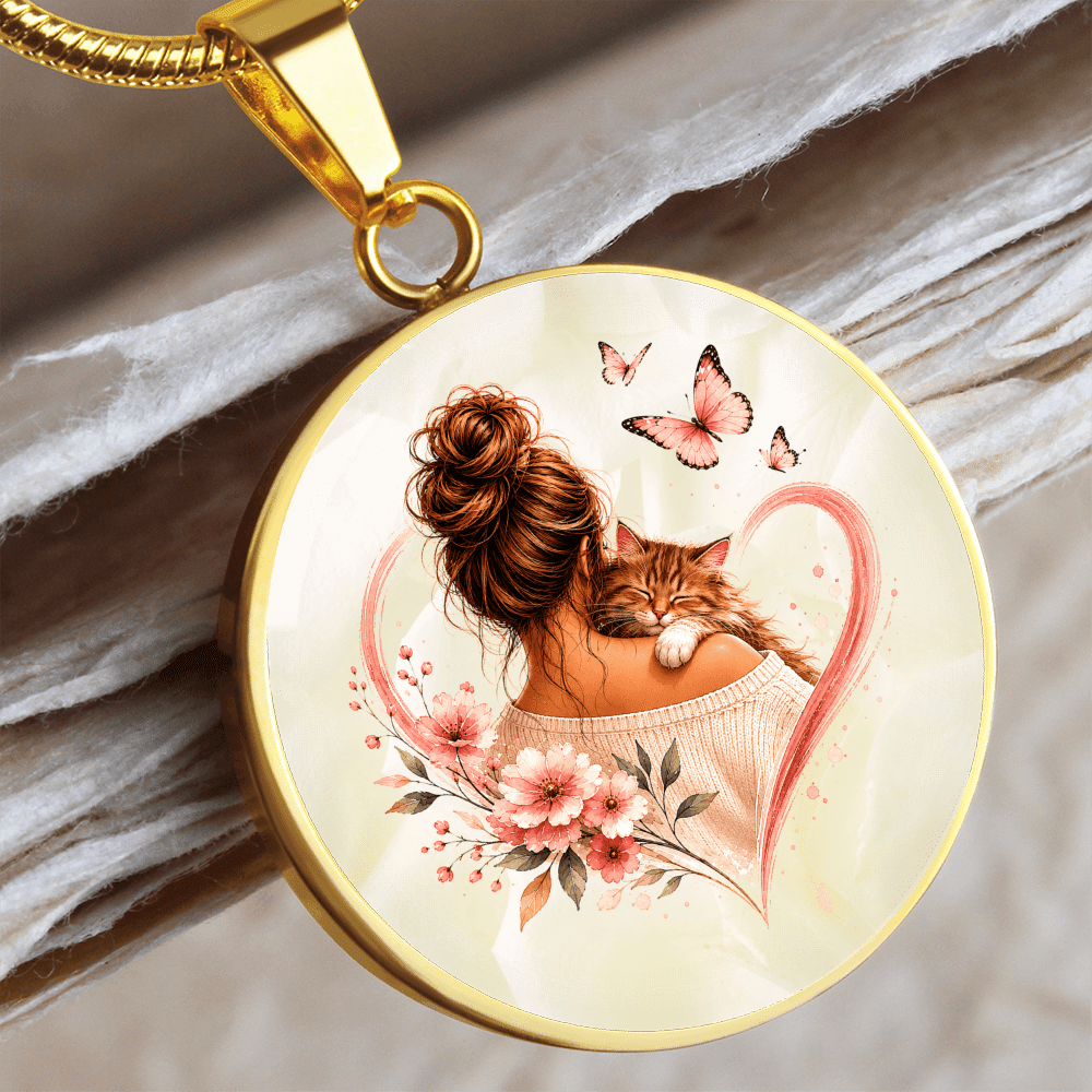 Cat Mom Heart Pendant Necklace | Cozy Floral Soft Pink Circle Pendant - Jewelry, Necklaces - EpiAl's Shop