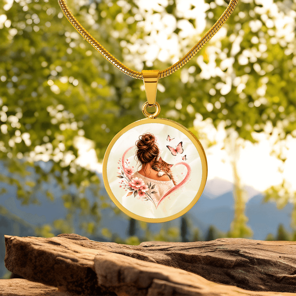 Cat Mom Heart Pendant Necklace | Cozy Floral Soft Pink Circle Pendant - Jewelry, Necklaces - EpiAl's Shop