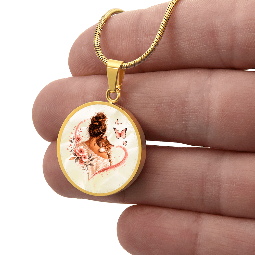 Cat Mom Heart Pendant Necklace | Cozy Floral Soft Pink Circle Pendant - Jewelry, Necklaces - EpiAl's Shop