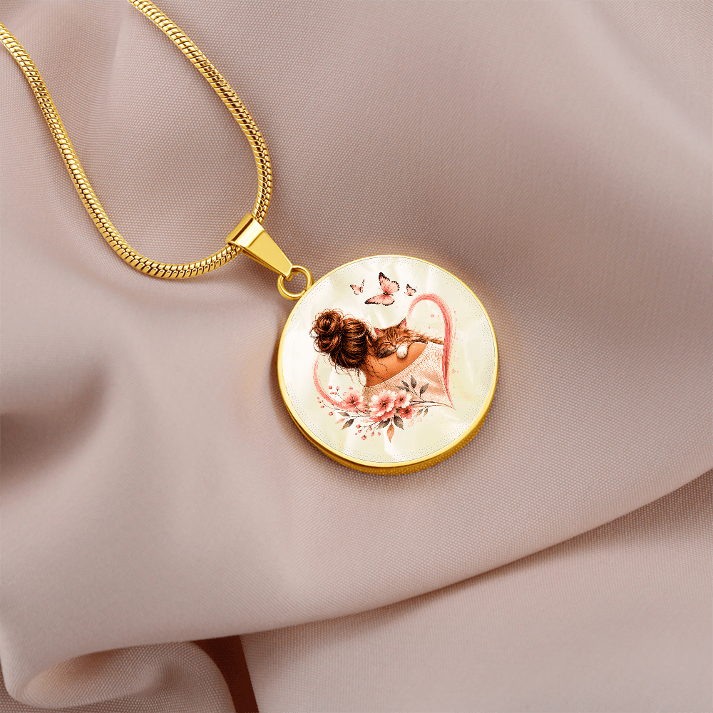 Cat Mom Heart Pendant Necklace | Cozy Floral Soft Pink Circle Pendant - Jewelry, Necklaces - EpiAl's Shop