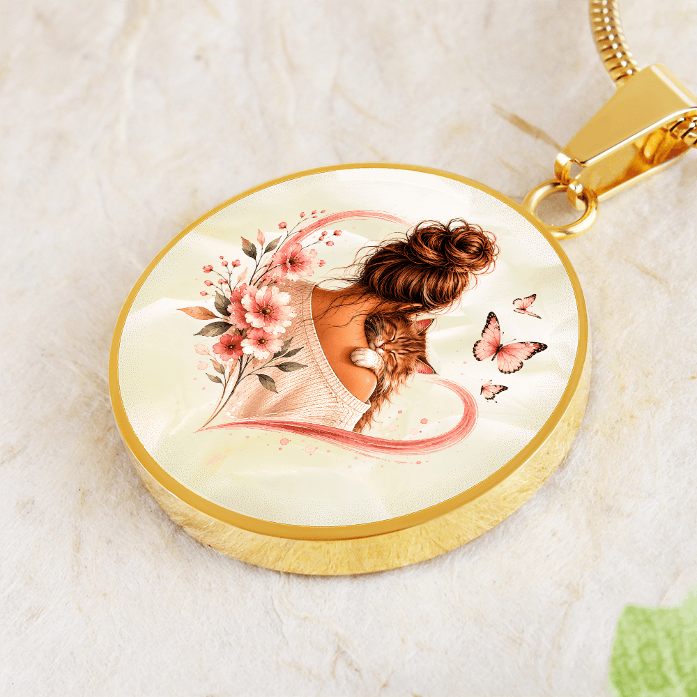 Cat Mom Heart Pendant Necklace | Cozy Floral Soft Pink Circle Pendant - Jewelry, Necklaces - EpiAl's Shop