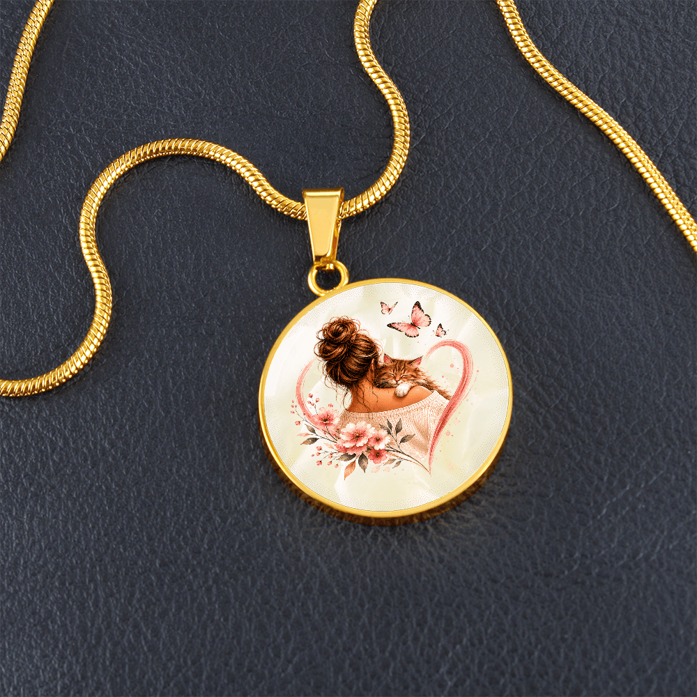 Cat Mom Heart Pendant Necklace | Cozy Floral Soft Pink Circle Pendant - Jewelry, Necklaces - EpiAl's Shop