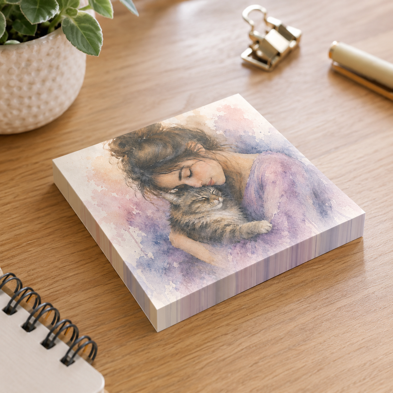sticky note pad with a woman holding a cat