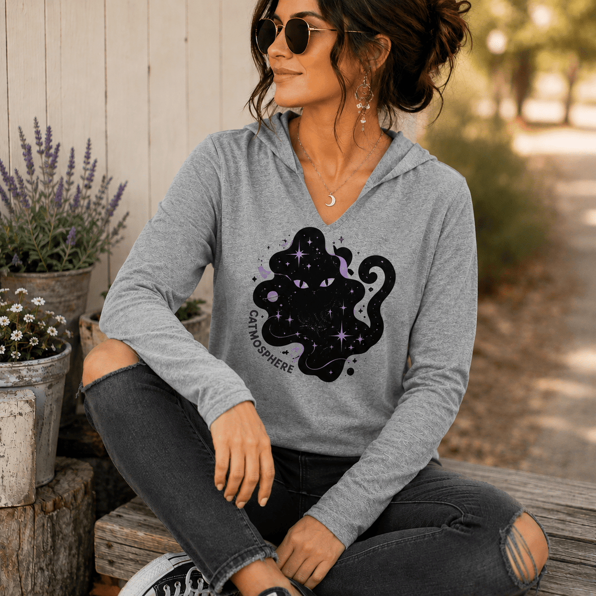 Catmosphere Cosmic Cat Hooded T-Shirt | Celestial Cat Graphic Lightweight Hoodie - Clothing, Unisex, Hoodies - EpiAl's Shop