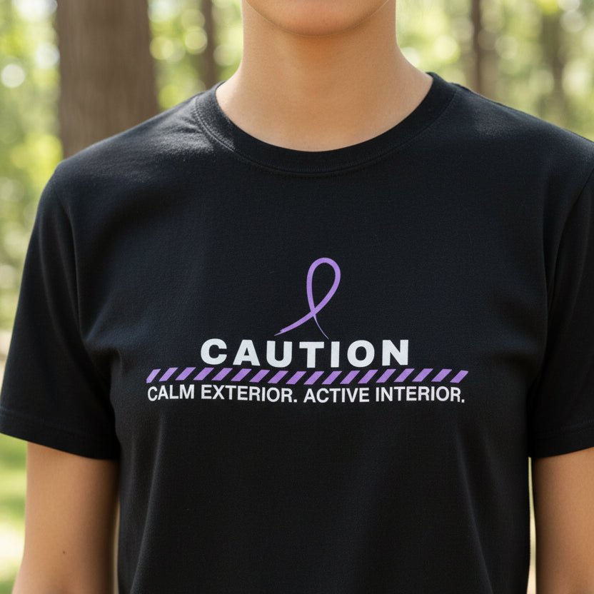 Caution: Calm Exterior. Active Interior. – Epilepsy Awareness T-Shirt - Clothing, Unisex, T-Shirts - EpiAl's Shop