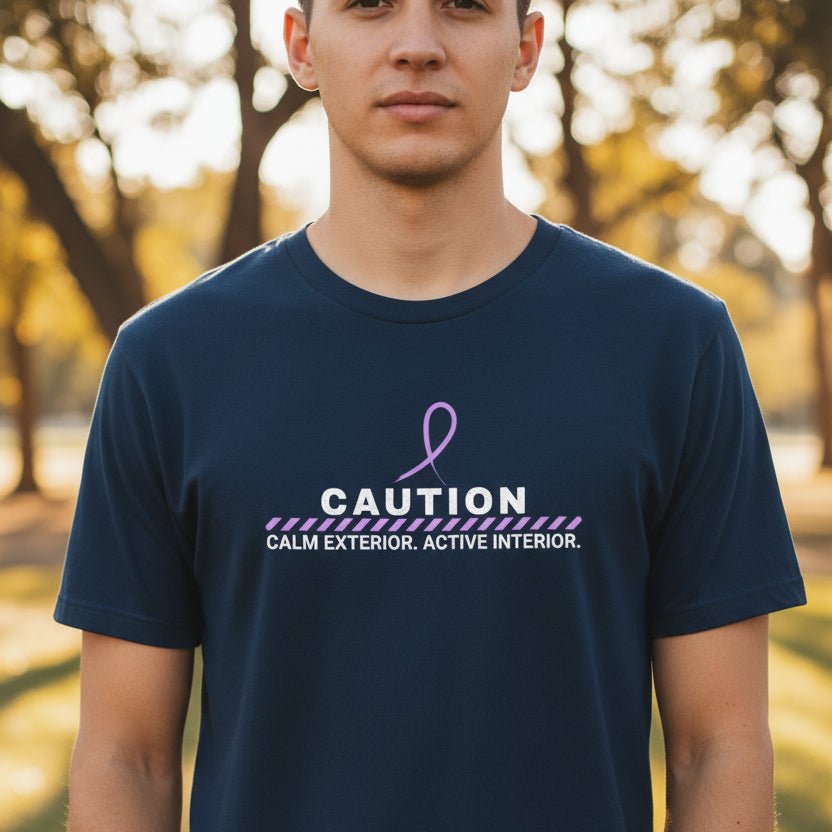 Caution: Calm Exterior. Active Interior. – Epilepsy Awareness T-Shirt - Clothing, Unisex, T-Shirts - EpiAl's Shop