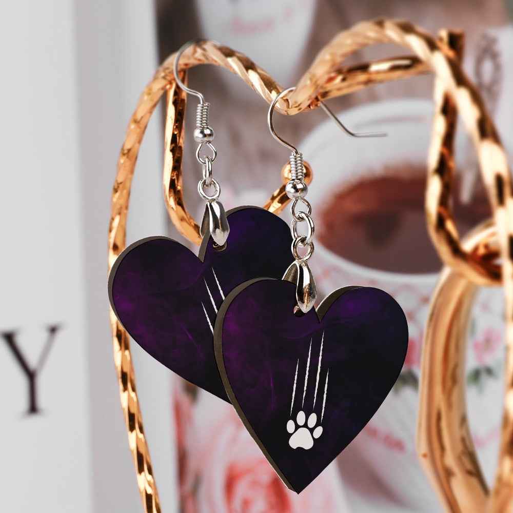 Heart-Shaped Cat Scratch Earrings – Purple Black Cat Lover Wood Dangles