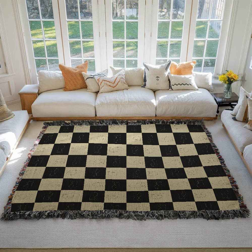 Checked Feline Woven Blanket – Gold & Black Cat Outline Throw - Decor, Blankets, Throw - EpiAl's Shop