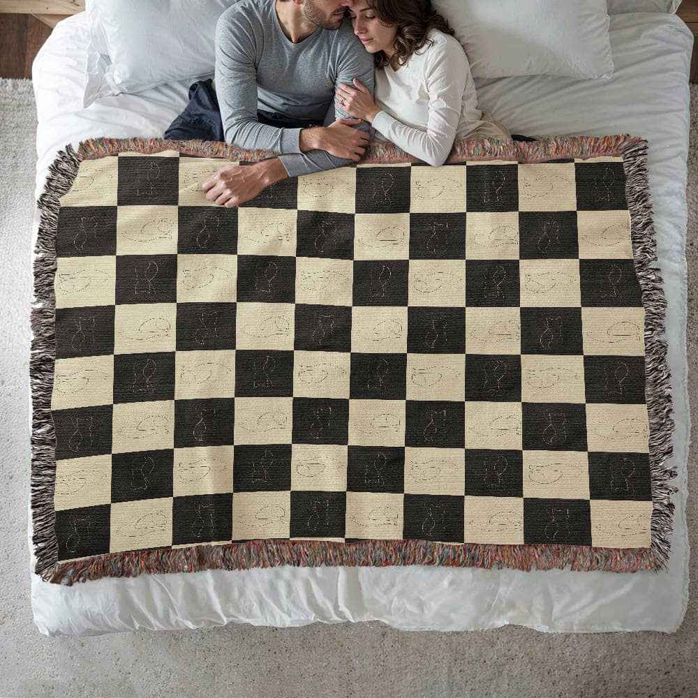 Checked Feline Woven Blanket – Gold & Black Cat Outline Throw - Decor, Blankets, Throw - EpiAl's Shop