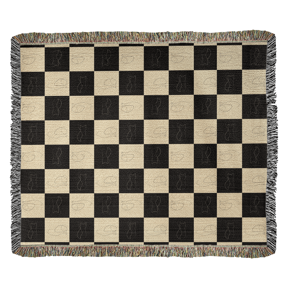 Checked Feline Woven Blanket – Gold & Black Cat Outline Throw - Decor, Blankets, Throw - EpiAl's Shop